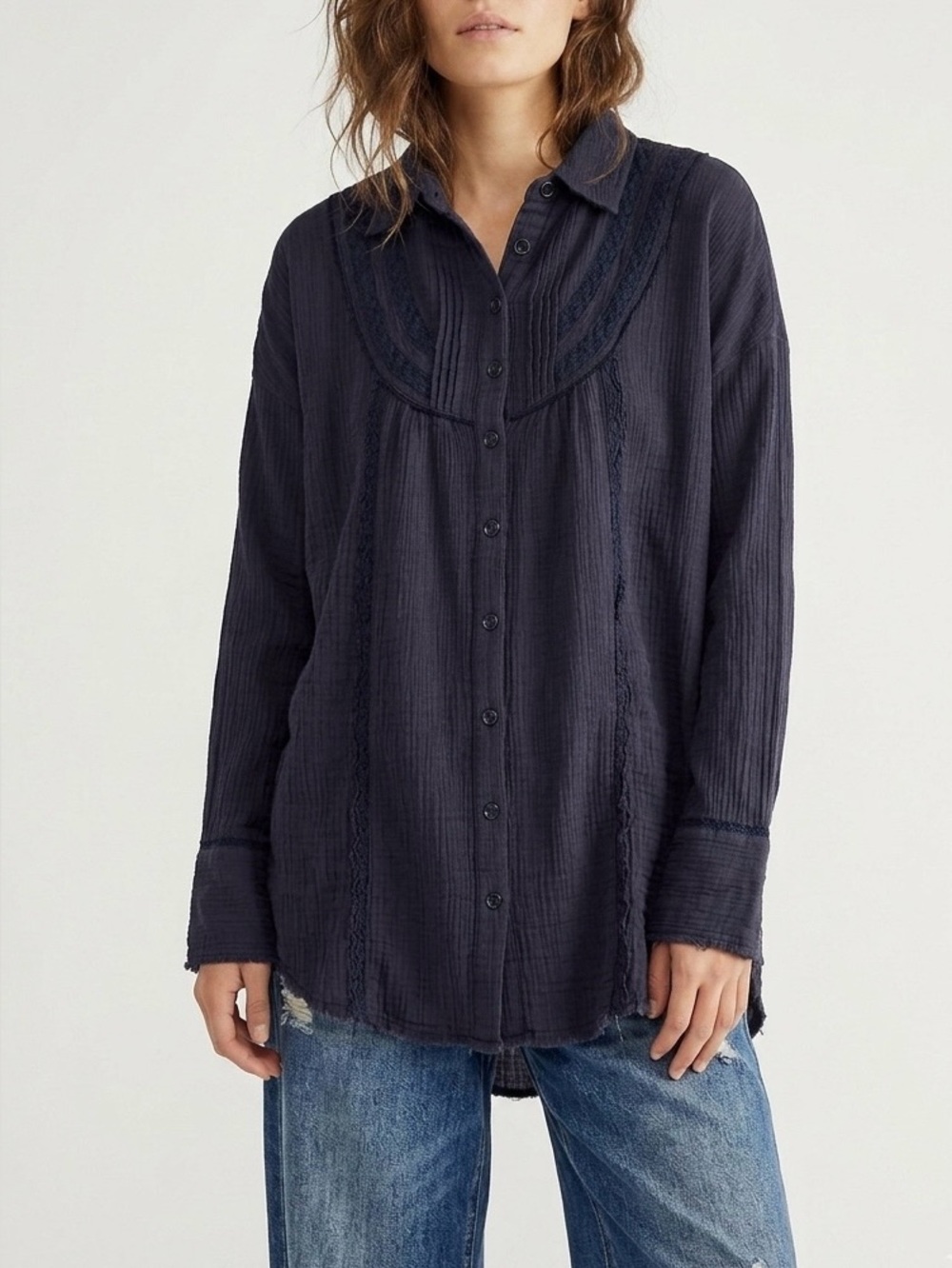 Free People Amore Amore Cotton Lace Bib Blouse Midnight Navy Blue S Boho Chic